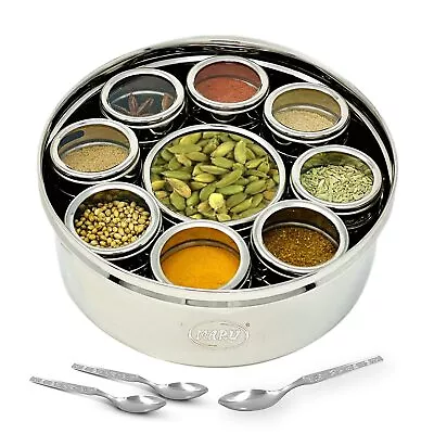 Round Indian Spice Box Masala Dabba With Spoon 9 Containers Stainless Steel 2.5L • $94.76