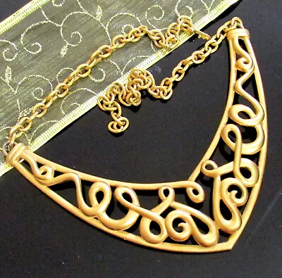 Vtg Runway MONET Openwork Etruscan Scroll Satin Gilt Modernist Necklace 80s Exc • $64.99