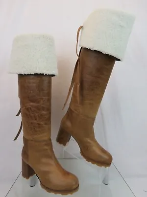 Miu Miu Prada 5w899c Brown Leather Shearling Foldover Knee High Heel Boots 38 • $575