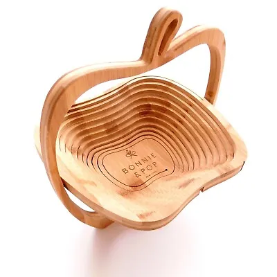 Collapsible Apple Wooden Fruit Basket Accordion Fold Out Trivet Stand OPEN BOX • $12