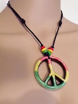 $6.99 • Buy Adjustable Rasta Peace Sign Necklace With Red, Green And Yellow Beads