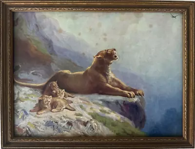 Vintage RA Fox Elmer Louis Framed Print Safely Guarded Lioness And Cubs • $59.99