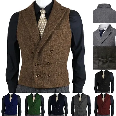 Men Double-Breasted Tweed Vest Herringbone Waistcoat Wedding Vintage Wool Lined • $19.99