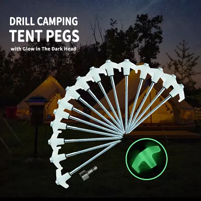 $25.99 • Buy 15x Heavy Duty Steel Screw / Drill Camping Tent Pegs With Glow In The Dark Head