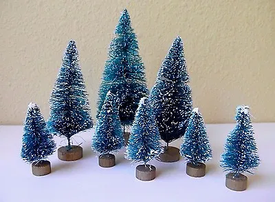 Set Of 8 Mini Green Sisal Bottle Brush CHRISTMAS TREES ~ Snow Frost Village Putz • $8.95