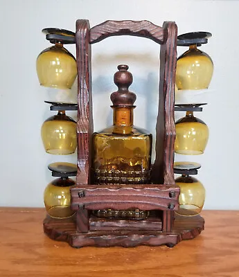 Vintage Liquor Glass Decanter Set Retro Bar Wooden Rack & 6 Glasses Amber Spain • $59.99