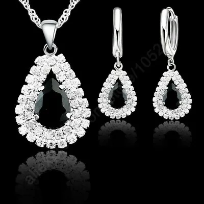 £5.29 • Buy 925 Sterling Silver Rhinestone Black CZ Crystal Pendant Necklace And Earring Set