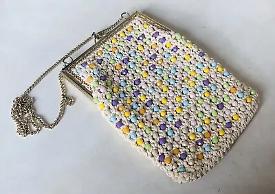 Vintage Pastel Beaded Crochet Purse Bag Goldtone Shoulder Chain Made In Italy • $55.99