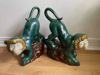 Pair Of Vintage Majolica Green Crackle Glaze Capuchin Monkey Rock Statues • $65