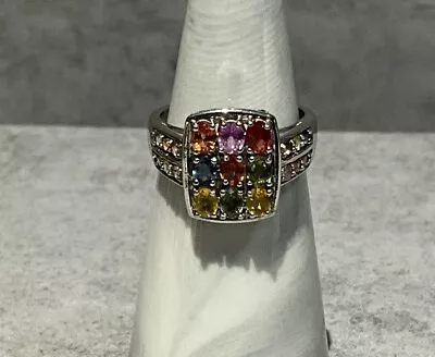 Multicolor Sapphire Rhodium Over .925 Sterling Silver Ring Size 8.5 • $45