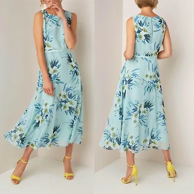 Hobbs Carly Sheer Multi Floral Blue Chiffon 50's Flare Midi Dress 8 Once £169 • £69.99