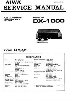 £21.44 • Buy Aiwa Dx-1000 Dx 1000 - Cd Player - Manual Service Color Version - Repair - Rare