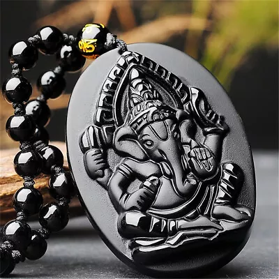 Unisex Black Obsidian Ganesha Elephant Necklace Wealth Amulet Pendant Bead Chain • $9.11