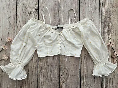 $14.99 • Buy *A5 NWT White ZARA Long Sleeve Embroidered Dot Button Casual Crop Top XS