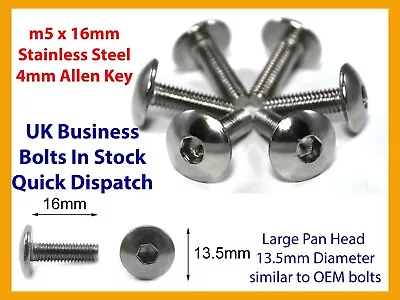 £4.99 • Buy 6x M5 X 16mm Fairing Bolts Screws For Triumph Pan Head Allen Key Hex Stainless