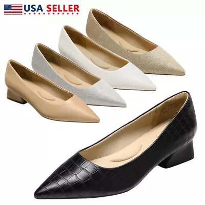 Women Pointed Toe Pump Shoes Low Chunky Heel Comfort Work Slip On Dress Shoes • $27.99