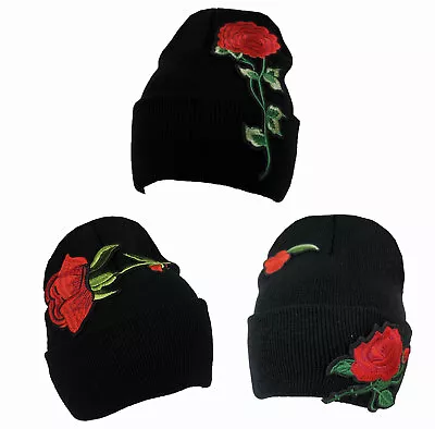 Rose Embroider Black Beanie Knit Ski Headwear Cap Hat Warm Winter Cuff Men Women • $9.99