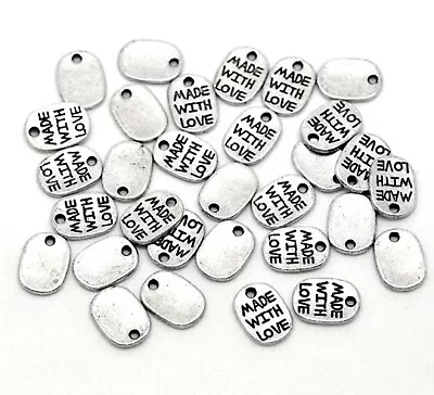 50 Made With Love Charms Tags Antique Silver Craved Message Jewellery   Craft • £3.49