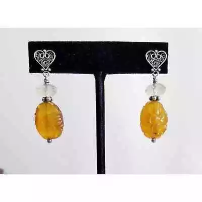 Vintage Sterling Silver Carved Floral Orange Carnelian Earrings 1 5/8  • $30.60