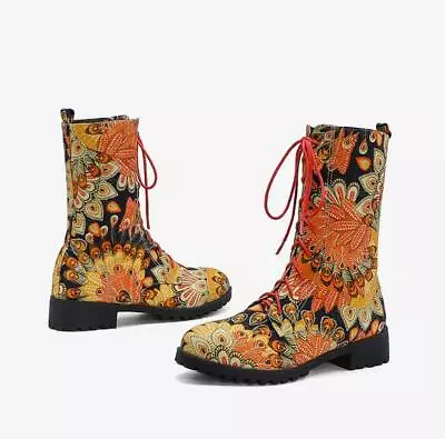 Womens Paisley Print Low Heels Lace Up Combat Biker Ankle Boots Casual Shoes • $57.66