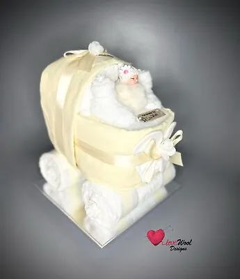 NAPPY CAKE PRAM STYLE For Baby Shower Or Maternity Gift Lemon And White • £49.50