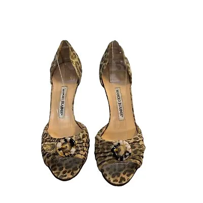 Manolo Blahnik Sedaraby Metallic Leopard Print D'Orsay Peep Toe Heel Size 37.5 • $174.95