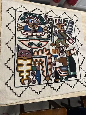 Vintage Embroidered Aztec Mayan Inca Folk Art 22.5 X 23.5  Woven Tapestry • $30