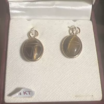 Carved Tiger Eye Earrings 14k Yellow Gold Stone Charm Van Dell Scarab • $162