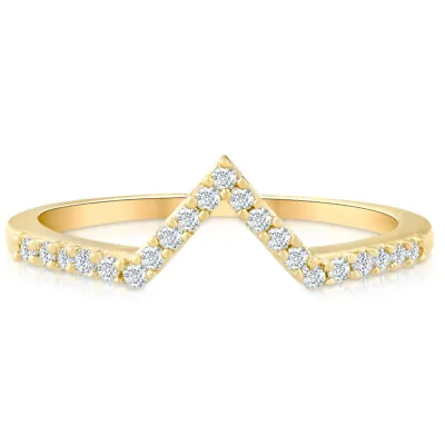 Diamond Curved V Shape Wedding Ring Women's Stackable Wedding Band Yellow Gold • $199.99