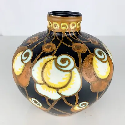 Vintage Art Deco Pottery Vase Charles Catteau Keramis Belgian Matte Black Floral • $875