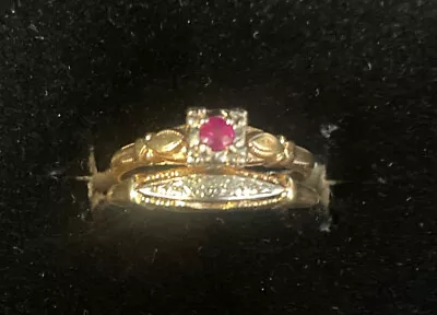 Vintage Art Carved 14k Yellow & White Gold Ruby Stack Ring Size 5.5 See Pics • $349.99