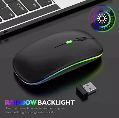 £4.99 • Buy Slim Silent Rechargeable Wireless Mouse RGB LED USB Mice MacBook Laptop PC UK