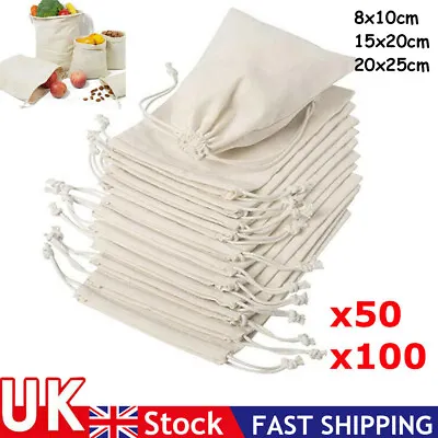 50/100x Drawstring Bags Cotton Linen Jewelry Candy Gift Storage Pouch Party DIY • £11.07