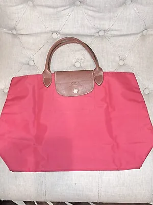 Longchamp Tote Les Pliages  Cabas  Red W/ Brown Leather Trim Snap Made In France • $49.99