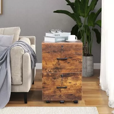 2-Drawer Rolling Wood File Cabinet With Lock Brown & Black • $114.75