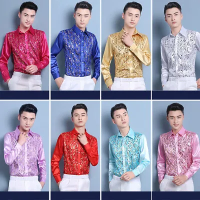Men Sequin Top Shirt Faux Silk Satin Button Singer Performance Party Costume • $17.71