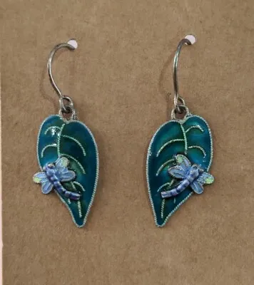 Vintage Sterling Silver 925 Enamel Dragonfly Leaf Drop Dangle Hook Earrings B13 • $39.99