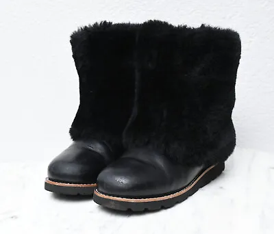 UGG Maylin Black Leather Sheepskin Lined Cuffed Winter Mid Calf Boots Womens 5 • £96.37