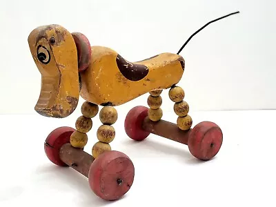 Vintage Wooden Dog Pull Toy 10  Long Rolling Puppy - SEE PICS READ • $39.90