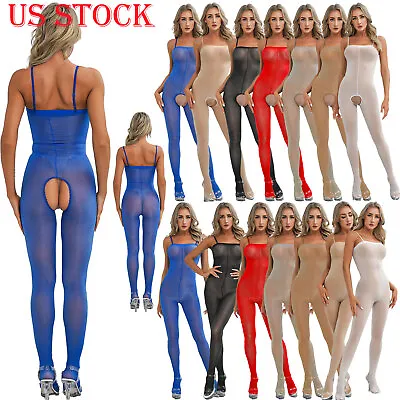 US Womens Glossy Sheer Bodysuit Spaghetti Straps Jumpsuits Bodystocking Lingerie • $5.45