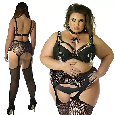 True Plus Size 14-36 Fishnet Tights Stockings Crotchless Mock Suspender BBW • $21.76