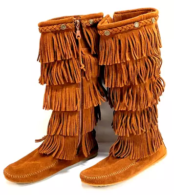 Minnetonka 1652 5-Layer Fringe Moccasin Boots Womens Size 10 Brown Suede Leather • $69.99