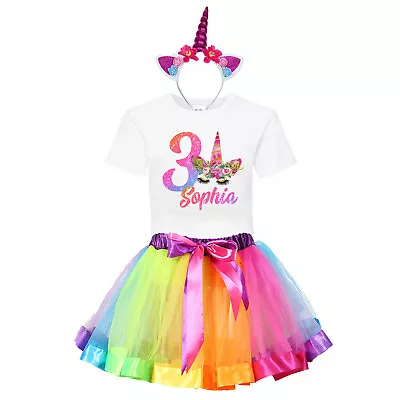 Personalised Unicorn Birthday Girl Dress Outfits Rainbow Tutu Band Party Set #TU • £11.99