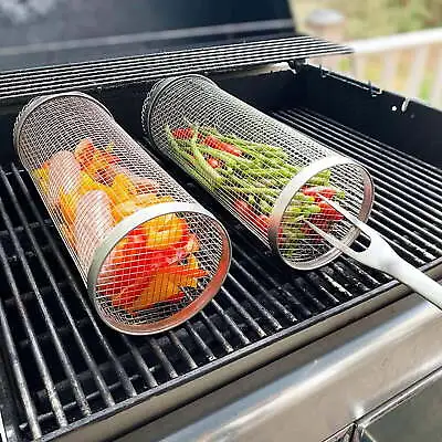 2PCS Grill Basket BBQ Portable Stainless Steel Grill Mesh Barbeque Mesh Cylinder • $18.68