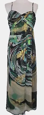 Nicole Miller Metallic Swirl Print Silk Thin Strap Long Gown Evening Dress 12  • $65