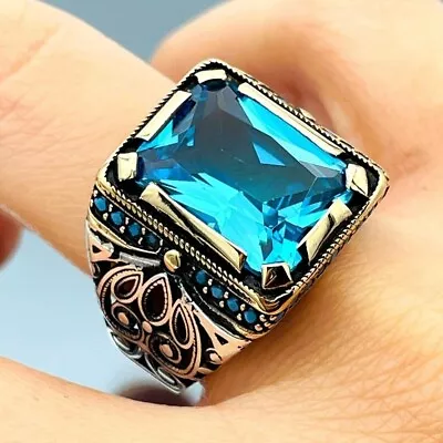 Square Blue Aquamarine Gemstone Ring Mens 925K Sterling Silver Men's Jewelry • $45