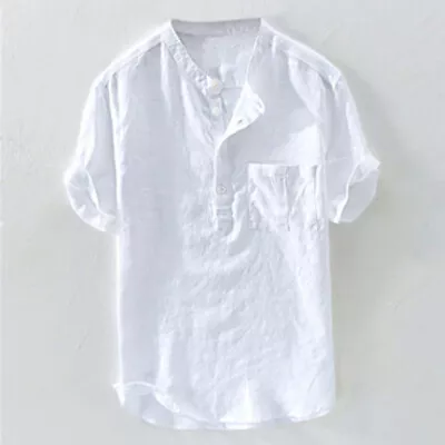 Mens Short Sleeve Linen Shirts Summer Casual Loose Solid Tunic Blouse Tops Tees • $9.23