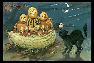 Halloween Night Creepy Black Cat Scary Pumpkins Vintage Poster Repro FREE S/H • $17.90
