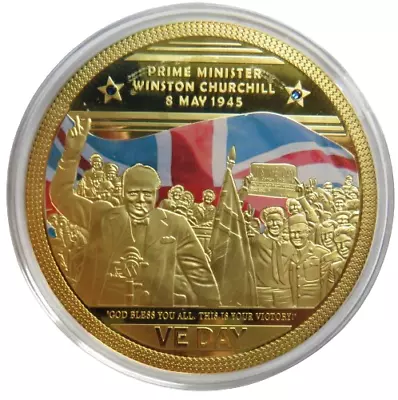 Winston Churchill Prime Minister VE Day Large Gold Plated Commemorative Coin • £17.95