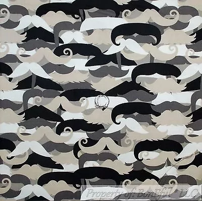 BonEful Fabric Cotton Quilt Black White B&W Gray Men Mustache Swirl LAST SCRAP • $0.45